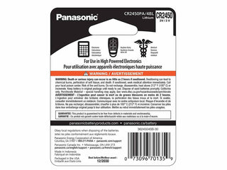 Panasonic CR2450 620mAh 3V Lithium Primary (LiMnO2) Coin Cell Watch Battery - 4 Piece Carded Packaging