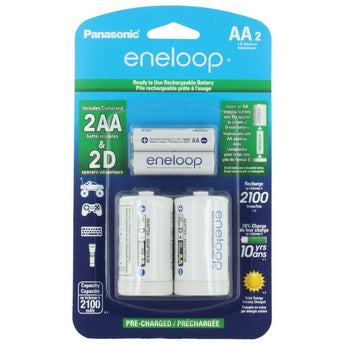Panasonic Eneloop K-KJS1MCA-2BA AA 2000mAh 1.2V Low Self Discharge Nickel Metal Hydride (NiMH) Button Top Batteries with D Cell Spacers - 2 Pack Retail Card