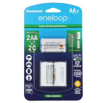 Panasonic Eneloop K-KJS2MCA-2BA AA 2000mAh 1.2V Low Self Discharge Nickel Metal Hydride (NiMH) Button Top Batteries with C Cell Spacers - 2 Pack Retail Card