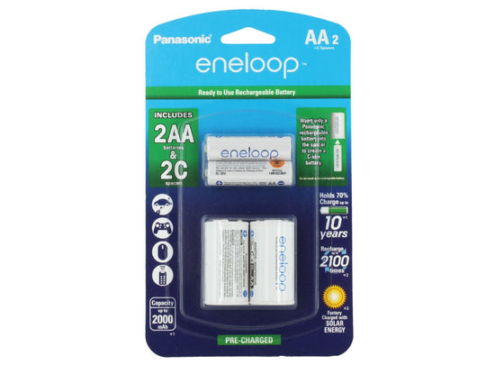 Panasonic Eneloop AA to C Battery Spacer Kit with 2 x AA Batteries - Front Packaging
