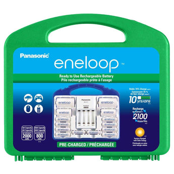 Eneloop Power Pack, 2000mAh Typical, 1500 cycle, 8xAA, 2xAAA, 2 C size adapters, 2 D size adapters, and 4-position charger