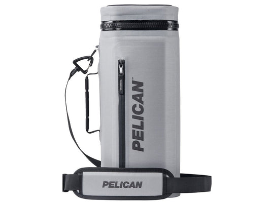 pelican dayventure sling cooler, grey, upright with strap showing
