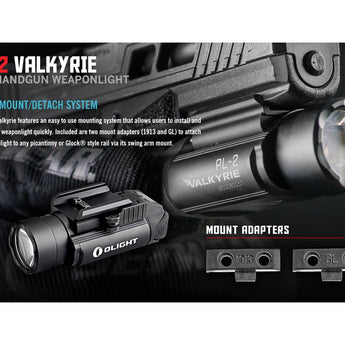 Olight PL-2 Valkyrie LED Pistol Light - Picatinny and Glock Rails - CREE XHP35 HI CW LED - 1200 Lumens - Includes 2 x CR123As
