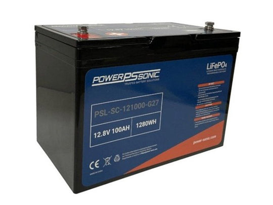 Power-Sonic PSL-SC-121000-G27 100AH 12.8V Group 27 Rechargeable Deep Cycle Lithium Iron Phosphate (LiFePO4) Battery - M8 Terminals