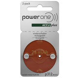 PowerOne Size 312 23mAh 1.2V NiMh Rechargeable Hearing Aid Batteries - 2 Pack Retail Card