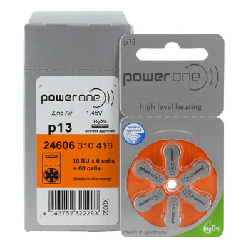 PowerOne P13-6PK-MF (6PK) Size 13 300mAh 1.45V Zinc Air Orange Hearing Aid Batteries - 6 Pack Retail Card