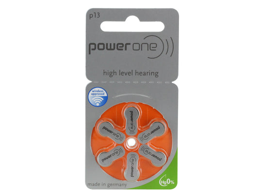 PowerOne P13-6PK-MF (6PK) Size 13 300mAh 1.45V Zinc Air Orange Hearing Aid Batteries - 6 Pack Retail Card