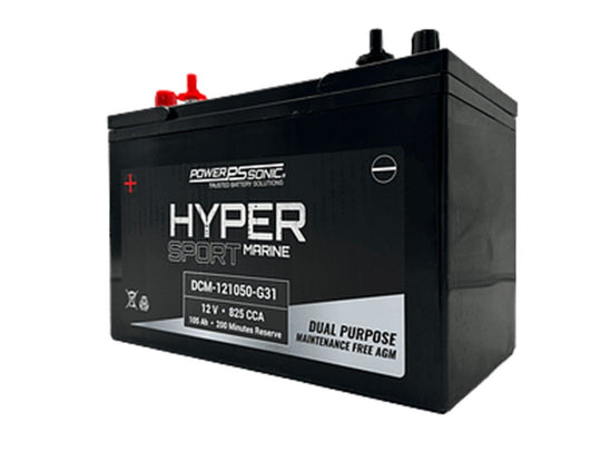 Power-Sonic DCM-121050-G31 AGM Deep Cycle 105Ah 12V 825CCA Rechargeable Sealed Lead Acid (SLA) Marine Battery - Group 31 - SAE Dual Terminal