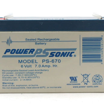 Power-Sonic AGM General Purpose PS-670 7Ah 6V Rechargeable Sealed Lead Acid (SLA) Battery - F1 Terminal