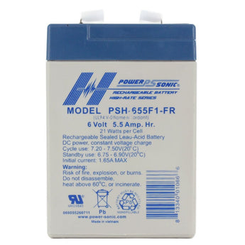 Power-Sonic AGM High Rate General Purpose PSH-655 5.5Ah 6V Rechargeable Sealed Lead Acid (SLA) Battery - F1 Terminal