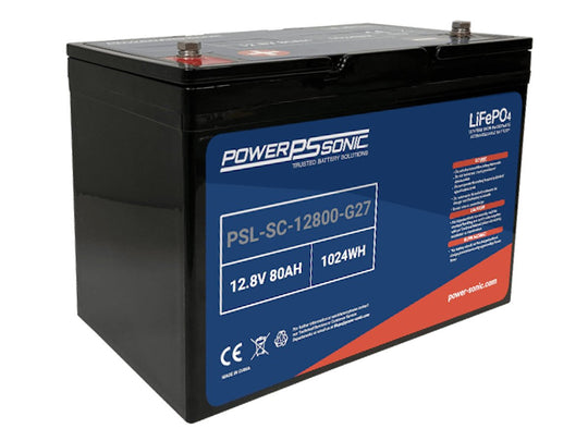 Power-Sonic PSL-SC-12800-G27 80AH 12.8V Group 27 Rechargeable Deep Cycle Lithium Iron Phosphate (LiFePO4) Battery - M8 Terminals