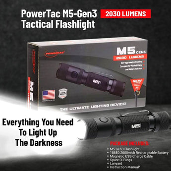 Powertac M5-G3 Rechargeable LED Flashlight - CREE XM-L2 U3 - 2030 Lumens - Includes 1 x 18650