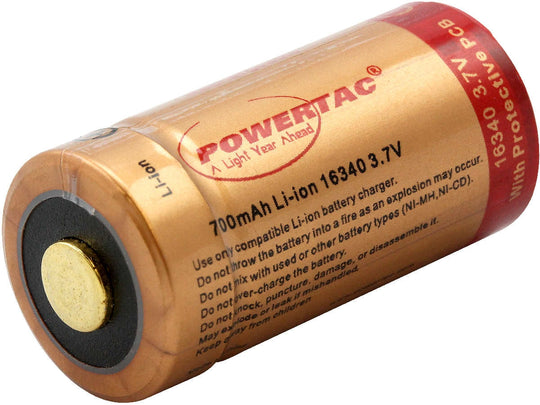Powertac 16340 650mAh 3.7V Protected Lithium Ion (Li-ion) Button Top Battery