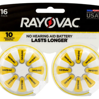 Rayovac 10-16 (16PK) Size 10 75mAh 1.45V Zinc Air Yellow Hearing Aid Batteries - 16 Piece Retail Card