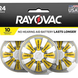 Rayovac 10-24 (24PK) Size 10 75mAh 1.45V Zinc Air Yellow Hearing Aid Batteries - 24 Piece Retail Card