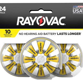 Rayovac 10-24 (24PK) Size 10 75mAh 1.45V Zinc Air Yellow Hearing Aid Batteries - 24 Piece Retail Card