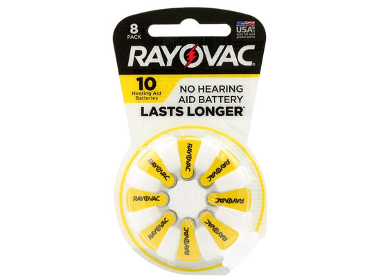 Rayovac 10-8 (8PK) Size 10 75mAh 1.45V Zinc Air Yellow Hearing Aid Batteries - 8 Piece Retail Card