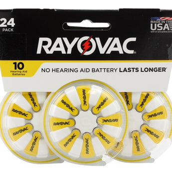 Rayovac 10-24 (24PK) Size 10 75mAh 1.45V Zinc Air Yellow Hearing Aid Batteries - 24 Piece Retail Card