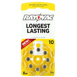 Rayovac L10ZA-8ZM (8PK) Size 10 75mAh 1.45V Zinc Air Yellow Hearing Aid Batteries - 8 Piece Retail Card