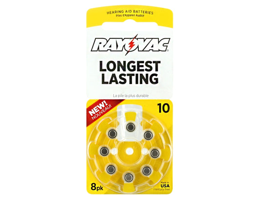 Rayovac L10ZA-8ZM (8PK) Size 10 75mAh 1.45V Zinc Air Yellow Hearing Aid Batteries - 8 Piece Retail Card