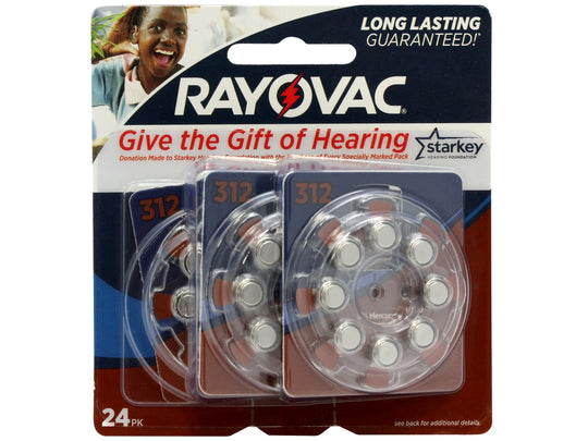Rayovac L312ZA-24ZM Size 312 180mAh 1.45V Zinc Air Hearing Aid Batteries - 24 Piece Retail Card