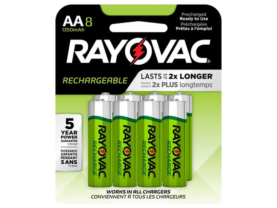 Rayovac Rechargeable LD715-8OPA AA 1350mAh 1.2V Nickel Metal Hydride (NiMH) Button Top Batteries - 8 Piece Retail Card