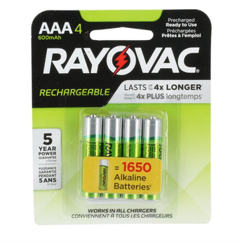 Rayovac Rechargeable LD724-4OP-GENE AAA 600mAh 1.2V Nickely Metal Hydride (NiMH) Button Top Batteries - 4 Piece Retail Card