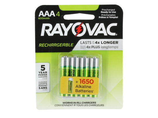 Rayovac Rechargeable LD724-4OP-GENE AAA 600mAh 1.2V Nickely Metal Hydride (NiMH) Button Top Batteries - 4 Piece Retail Card