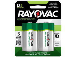 Rayovac Rechargeable Plus PL713-2 D-cell 3000mAh 1.2V Nickel Metal Hydride (NiMH) Button Top Batteries - 2 Piece Retail Card