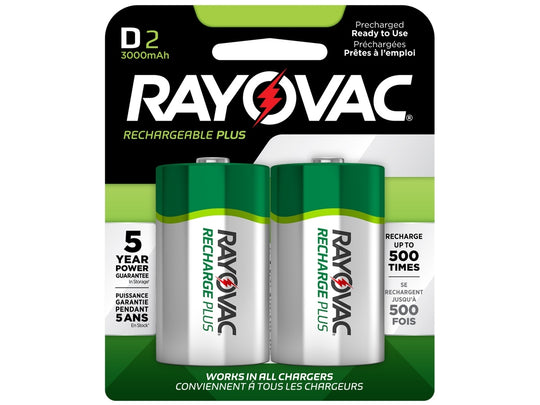 Rayovac Rechargeable Plus PL713-2 D-cell 3000mAh 1.2V Nickel Metal Hydride (NiMH) Button Top Batteries - 2 Piece Retail Card