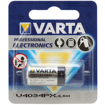 Varta Electronics V 28A V4034PX 6V Alkaline Button Top Battery - Equivalent to 4LR44, PX28A - 1 Piece Retail Card
