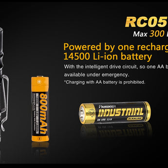 Fenix RC05 Rechargeable Flashlight with Magnetic Charging Cable - CREE XP-G2 R5 LED - 300 Lumens - Includes 1 x 14500