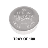 Renata CR2477 Bare Coin Cell Battery Lithium Li-MnO2 3V - Tray of 100