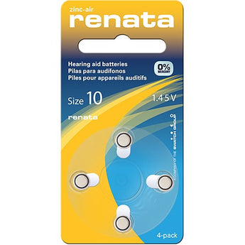 Renata - Size 10 - 100mAh 1.45V Zinc Air Hearing Aid Batteries (ZA10-4PK) - 4 Pack Retail Card