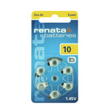 Renata ZA10 (6PK) Size 10 95mAh 1.45V Zinc Air Yellow Hearing Aid Batteries - 6 Pack Retail Card