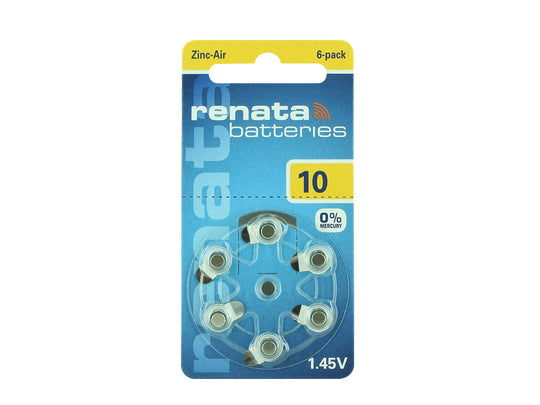 Renata ZA10 (6PK) Size 10 95mAh 1.45V Zinc Air Yellow Hearing Aid Batteries - 6 Pack Retail Card