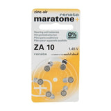 Renata ZA10 (6PK) Size 10 95mAh 1.45V Zinc Air Yellow Hearing Aid Batteries - 6 Pack Retail Card