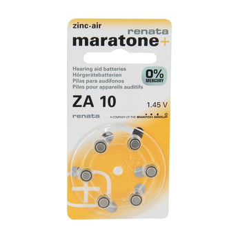 Renata ZA10 (6PK) Size 10 95mAh 1.45V Zinc Air Yellow Hearing Aid Batteries - 6 Pack Retail Card