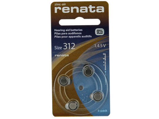 Renata - Size 312 - 180mAh 1.45V Zinc Air Hearing Aid Batteries (ZA312-4PK) - 4 Pack Retail Card (Mercury Free)