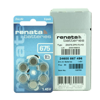 Renata ZA675 (6PK) Size 675 650mAh 1.45V Blue Hearing Aid Batteries - 6 Pack Retail Card