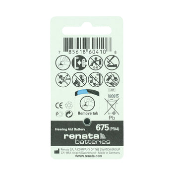 Renata ZA675 (6PK) Size 675 650mAh 1.45V Blue Hearing Aid Batteries - 6 Pack Retail Card