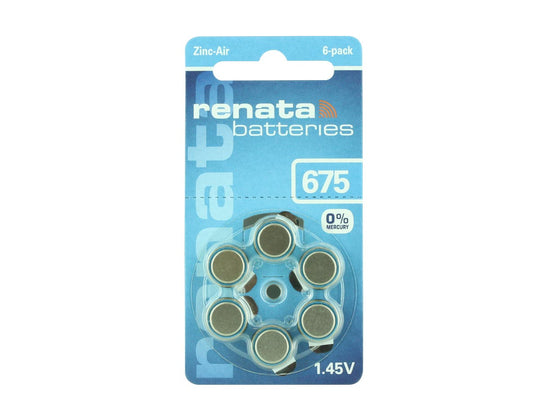 Renata ZA675 (6PK) Size 675 650mAh 1.45V Blue Hearing Aid Batteries - 6 Pack Retail Card