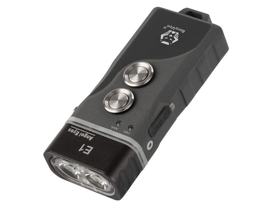 RovyVon Angel Eyes E1 Hybrid Keychain USB-C Rechargeable LED Flashlight - 6500K Cool White or 4000K Warm White - Uses Built-in Li-Poly Battery Pack or 1 x AAA - Grey or Army Green Colors