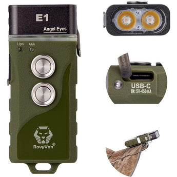 RovyVon Angel Eyes E1 Hybrid Keychain USB-C Rechargeable LED Flashlight - 6500K Cool White or 4000K Warm White - Uses Built-in Li-Poly Battery Pack or 1 x AAA - Grey or Army Green Colors