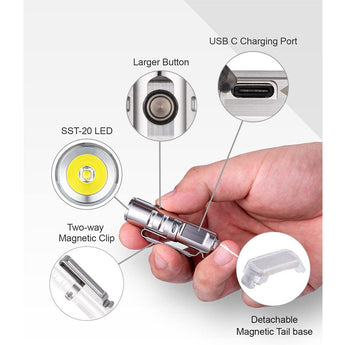RovyVon Aurora A2 USB-C Rechargeable LED Keychain Flashlight - Luminus SST-20 or Nichia 219C LEDs - 3rd Gen - Uses Built-in 300mAh Li-Poly Battery Pack - Silver, Matte Black, or PVD Blue Colors