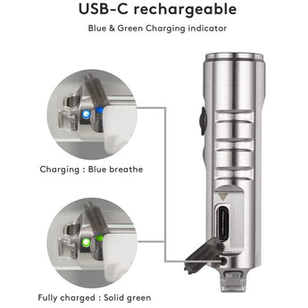 RovyVon Aurora A2 USB-C Rechargeable LED Keychain Flashlight - Luminus SST-20 or Nichia 219C LEDs - 3rd Gen - Uses Built-in 300mAh Li-Poly Battery Pack - Silver, Matte Black, or PVD Blue Colors