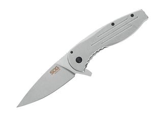 SOG Aegis FLK Folding Knife - 3.38 Inch Stonewashed Drop Point Blade - Stainless Steel - Clam Pack (14-41-02-42)