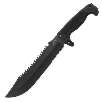 SOG Jungle Primitive Fixed Blade Knife - 9.5-inch Partially Serrated, Clip Point - Hardcased Black Finish - Black Handle - Nylon Sheath - Clam Pack (F03TN-CP)
