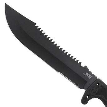 SOG Jungle Primitive Fixed Blade Knife - 9.5-inch Partially Serrated, Clip Point - Hardcased Black Finish - Black Handle - Nylon Sheath - Clam Pack (F03TN-CP)