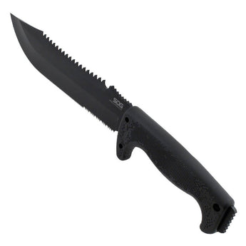 SOG Jungle Primitive Fixed Blade Knife - 9.5-inch Partially Serrated, Clip Point - Hardcased Black Finish - Black Handle - Nylon Sheath - Clam Pack (F03TN-CP)